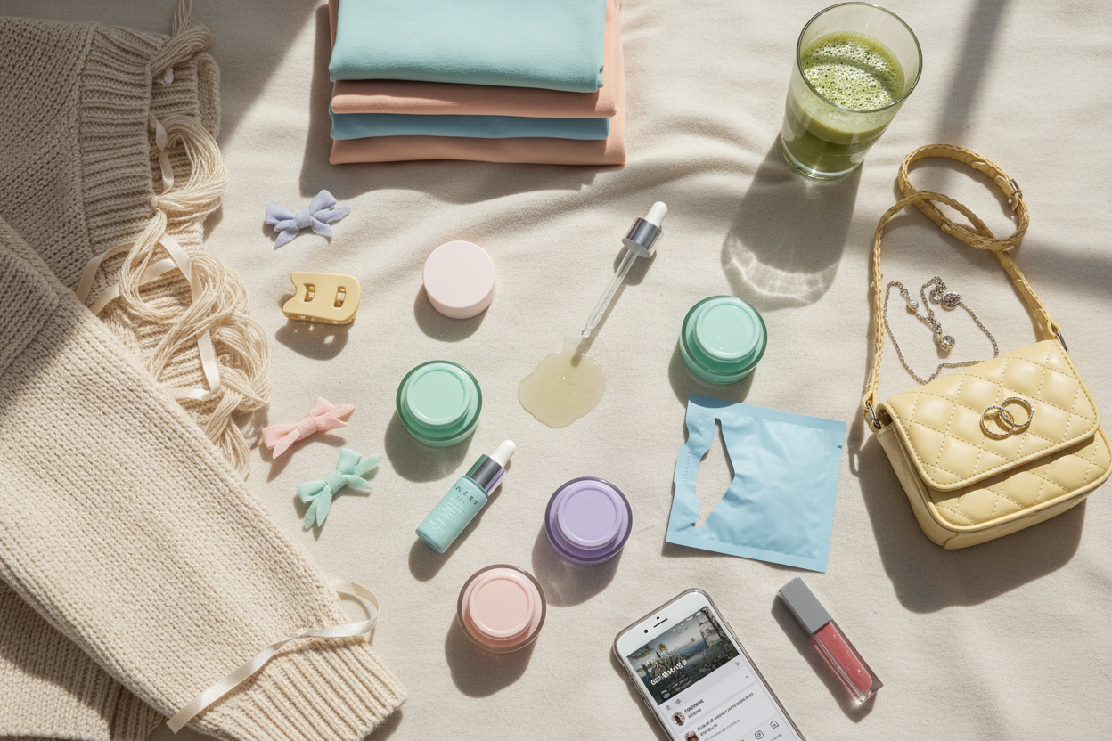 gCasually styled, not perfectly lined up (Gen Z hates “too perfect”):

Skincare

pastel jars, serums, face masks

dewy textures, maybe a dropper mid-drip

Clothing

folded cute tops, a cardigan draped casually

maybe a soft knit or ribbon detail

Accessories

claw clips, bows, mini bags, jewelry

Optional: a matcha latte, lip gloss, or phone for lifestyle vibes

Everything should look like a real girl’s aesthetic flat lay, not a catalog.